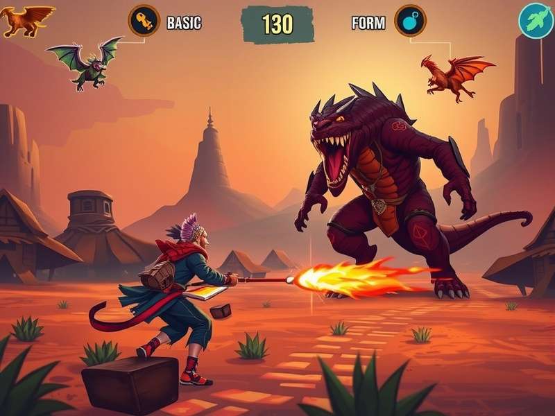 Rim Rattlers Beast gameplay screenshot showing a player battling a giant monster in a colorful Indian village
